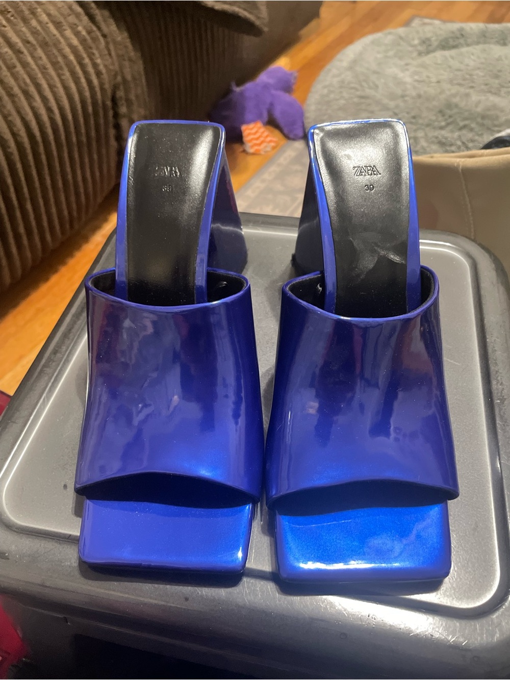 Zara Electric Blue Metallic Square-Toe Mule Heels